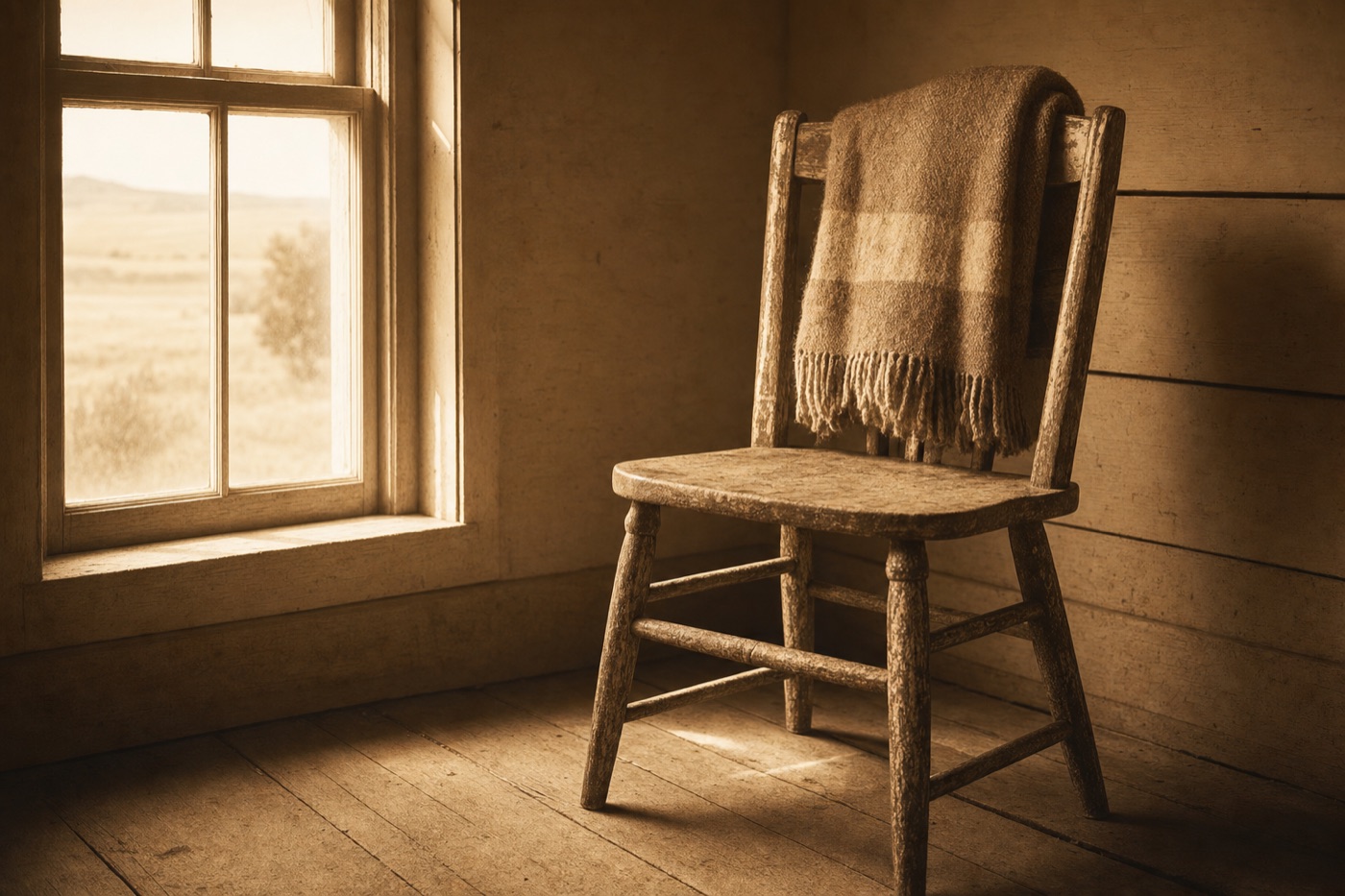 A single wooden chair beside a sunlit window in a quiet room