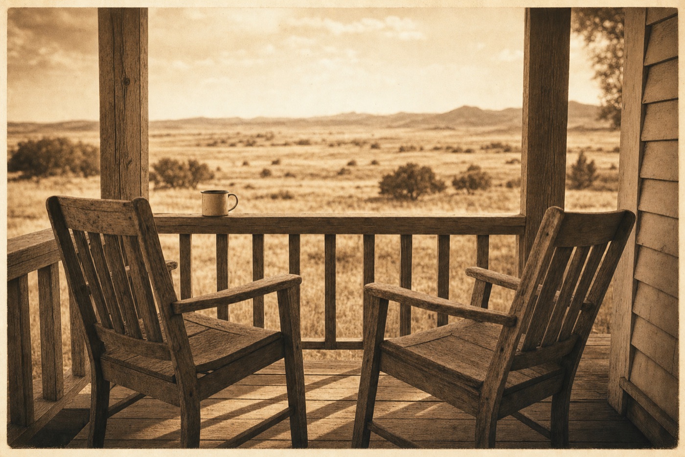 Two weathered wooden chairs turned toward each other on a porch overlooking open prairie
