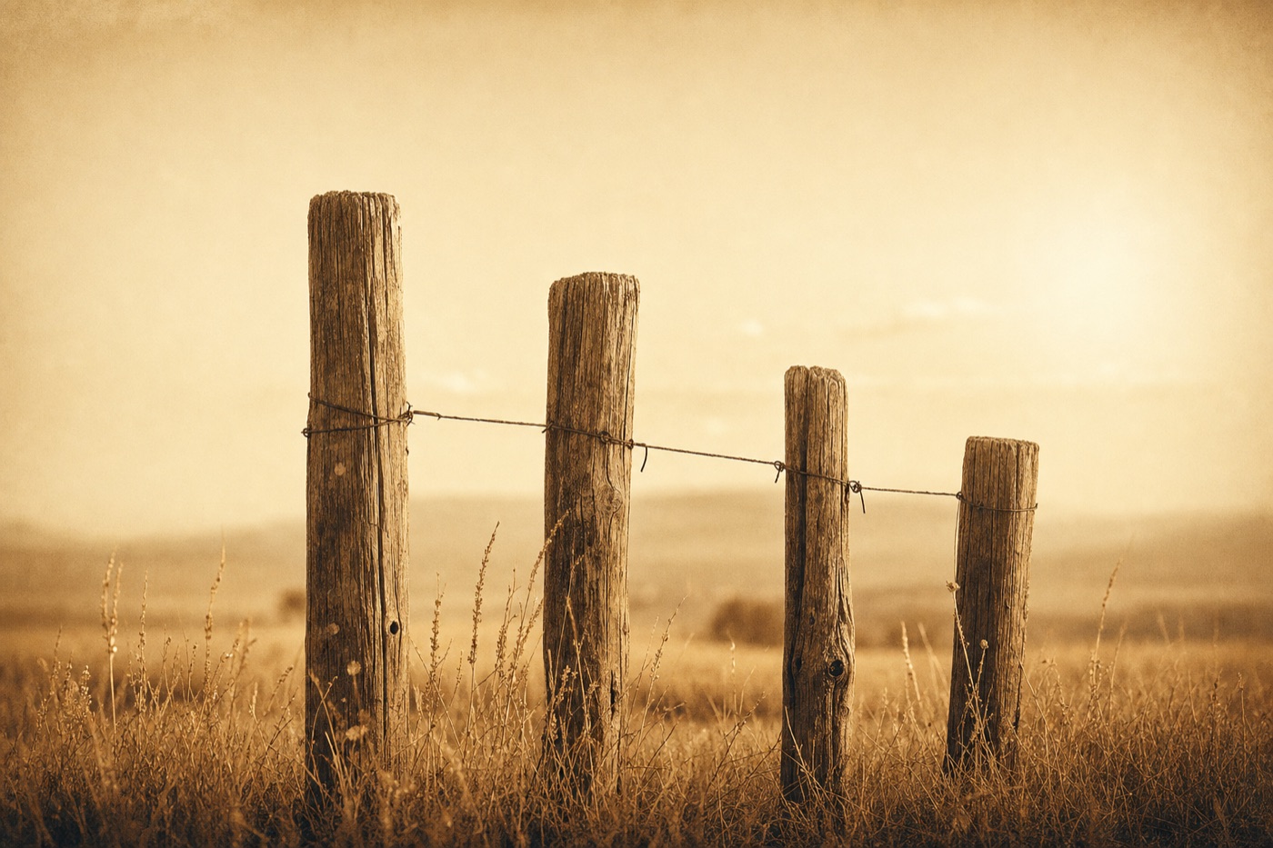 Four weathered fence posts joined by wire, standing together in tall prairie grass