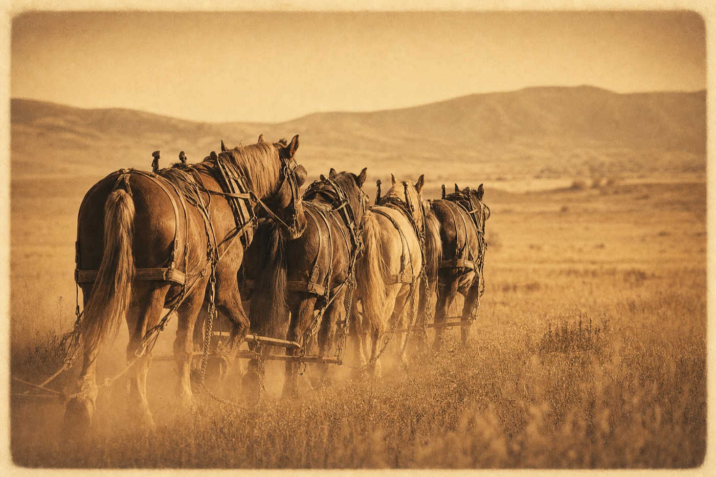 A team of draft horses in leather harness pulling together across an open field