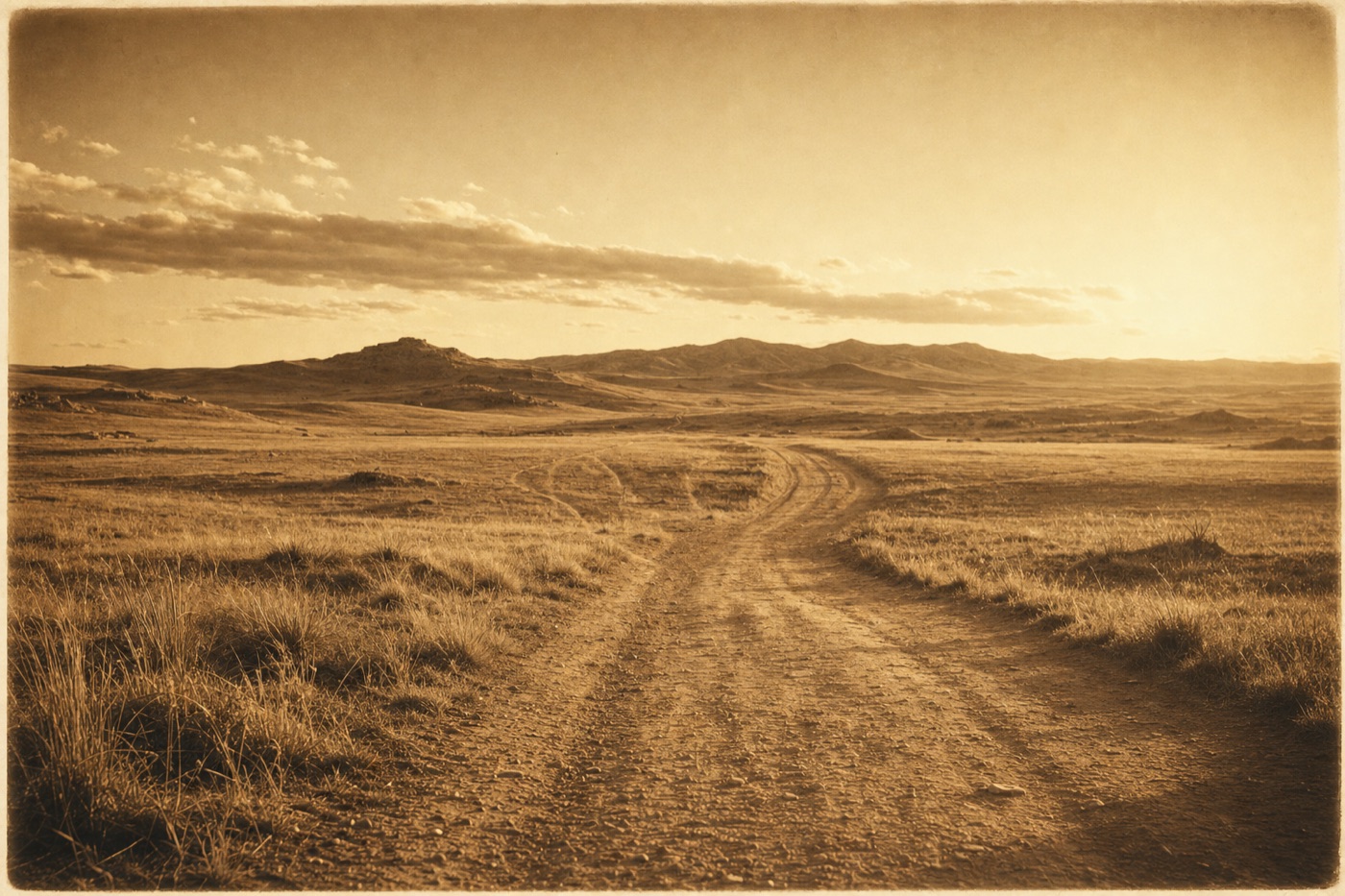 Several faint tracks across open prairie converging into one broad road at golden hour