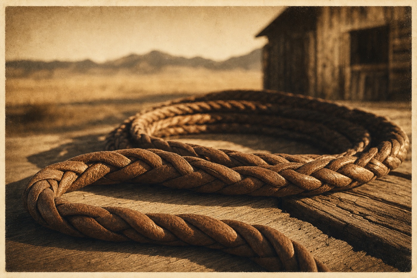 A thick braided leather rope on weathered barn wood, separate strands twisting into one stronger line