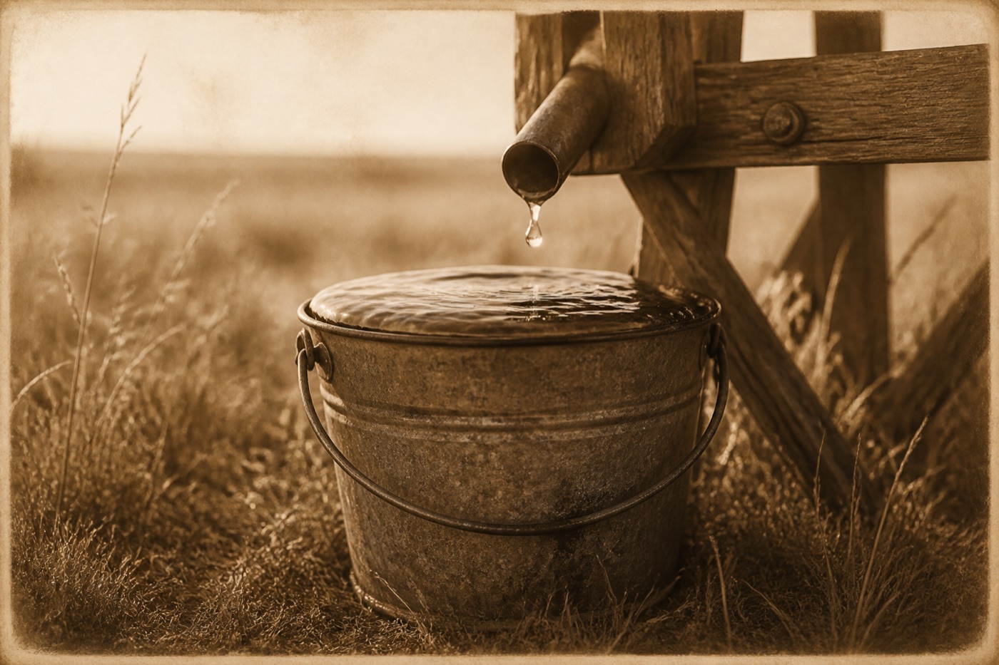 An old galvanized pail filled exactly to the brim beneath a windmill spout, one drop about to fall
