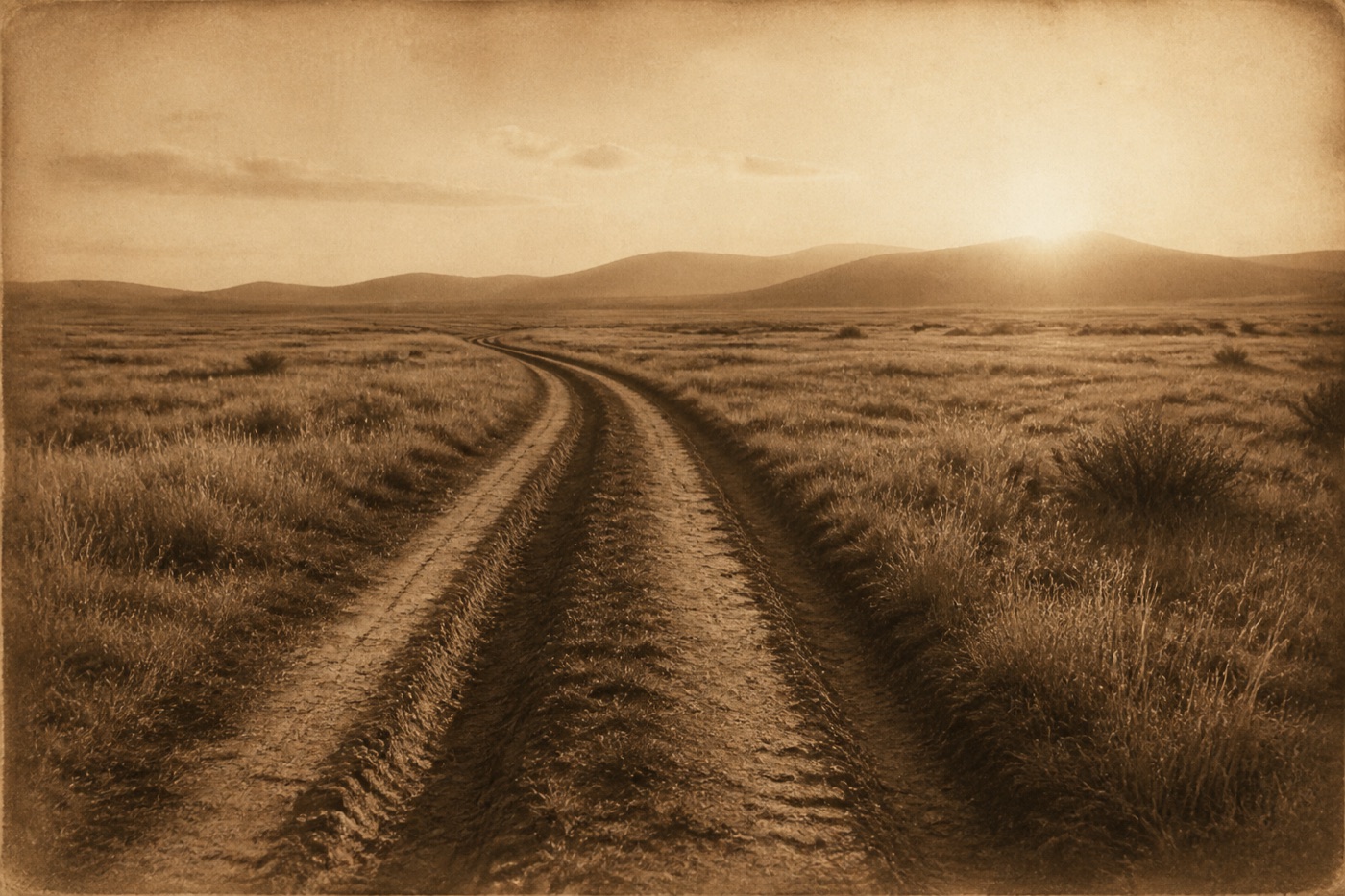 A dirt wagon road crossing open prairie at low sun, two ruts worn deep into the earth by long repeated use